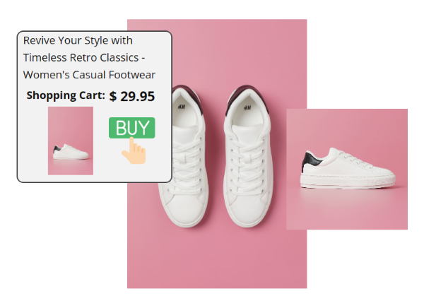 Women&apos;s casual Footwear, White sneaker with laces and black stripe back of the heel. This is an advertisement created by TMP, showing how we can update their products&apos; content and pricing.