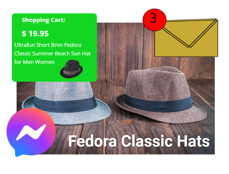 Fedora classic hats for sale. icons of instant messenger, email and shopping cart all viewing to sell product.