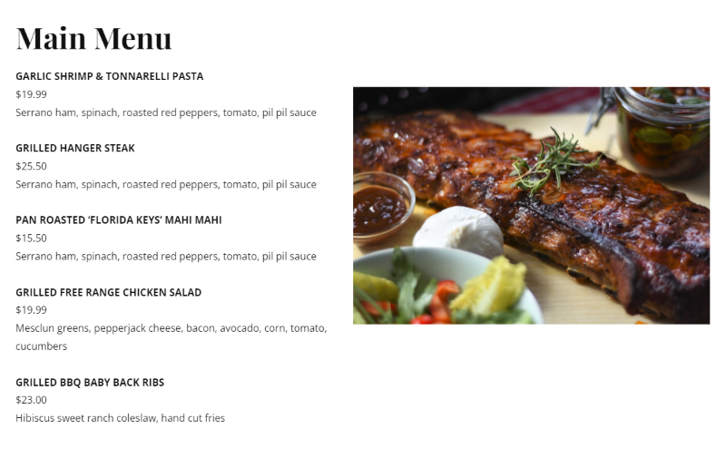 Food on the menu, of all entrees and a picture of ribs with vegetables