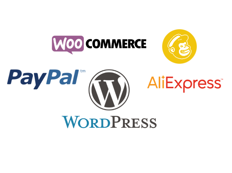 Third-party logos of plugins for wordPress, woocommerce PayPal, MailChimp and AliExpress.