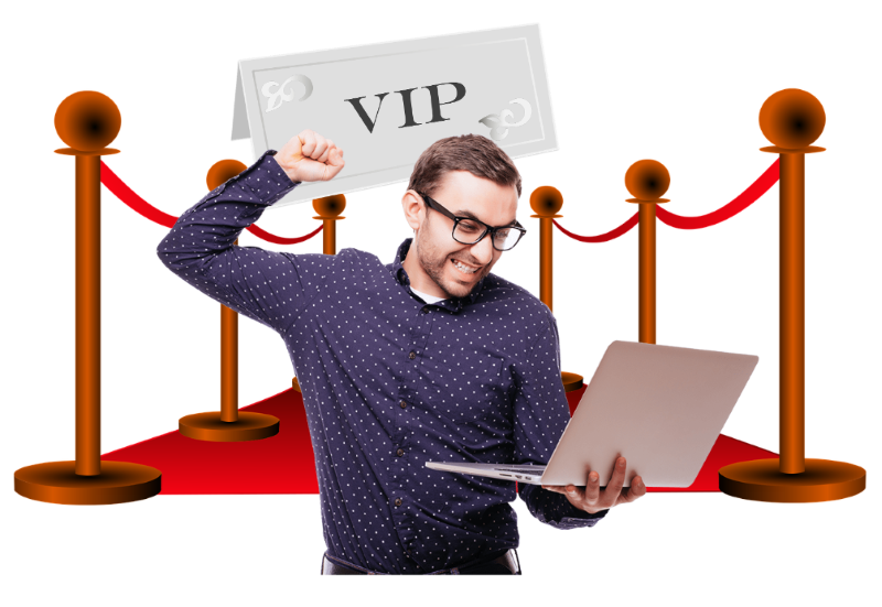 Happy client holding a laptop excited being on the red carpet because of VIP service with constant updates of his website.