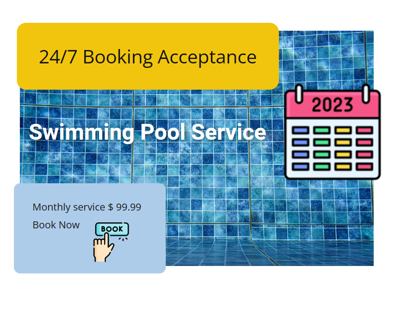 Crystal clear beautiful swimming pool showing with the icon of a calendar and icon picture for book and appointment for monthly pool services schedule.