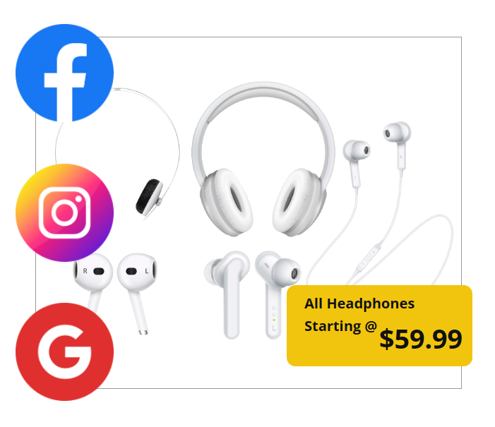 Headphones for sale and showing icons of social media ​Sync Google, Facebook, and Instagram shops how to sync products to your website.