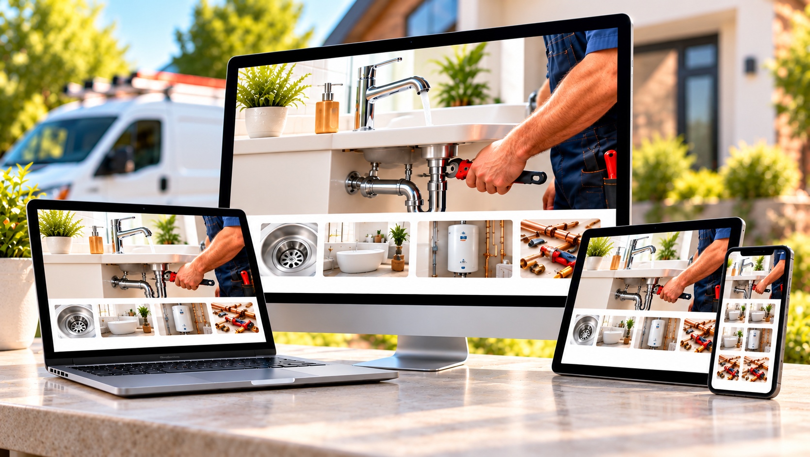 Responsive plumbing service website design displayed on desktop, tablet, and mobile devices, showcasing plumbing repairs and services.