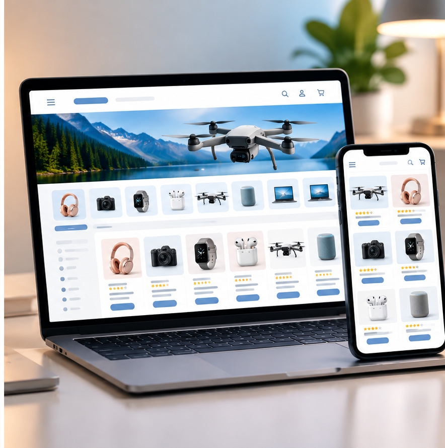 Advanced eCommerce website displayed on a laptop and smartphone, featuring a responsive online store with product categories, shopping features, and a modern storefront layout.