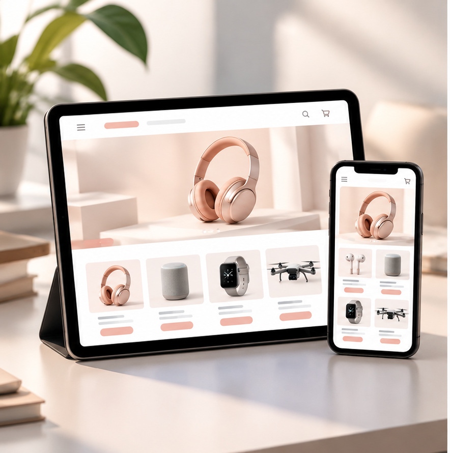 Basic eCommerce website displayed on a tablet and smartphone, featuring a responsive online store with product galleries and a clean shopping layout.