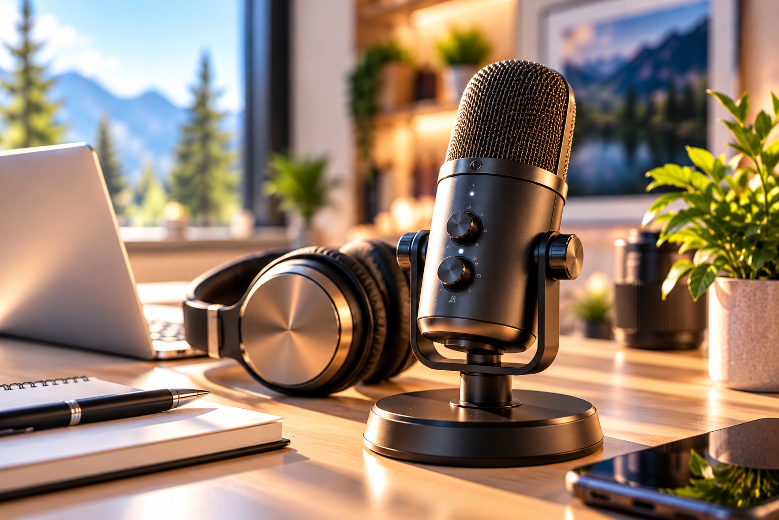 Professional microphone and headphones for audio production, narration and creative digital content.