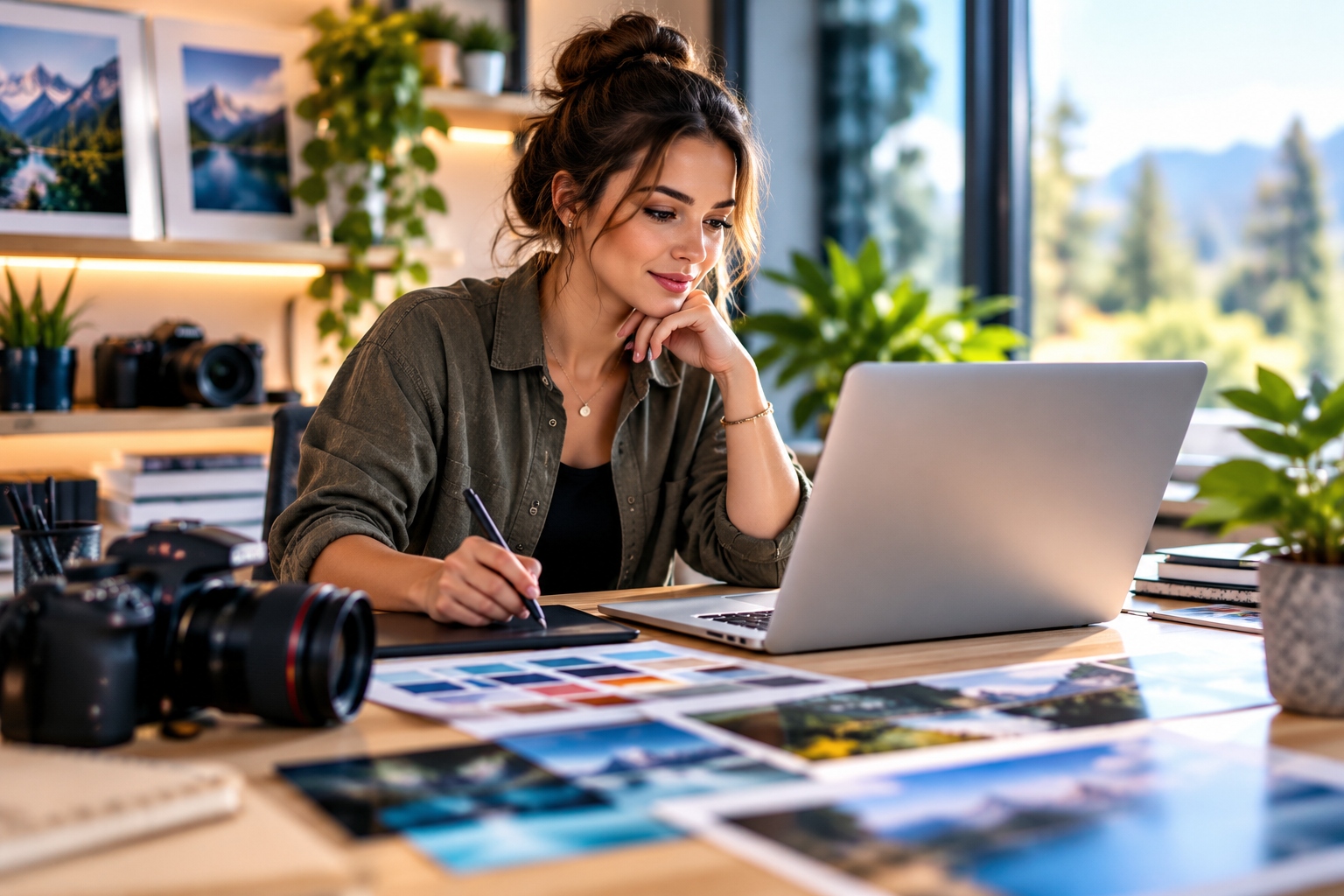 Creative professional developing original brand storytelling and visual content at a modern workspace.