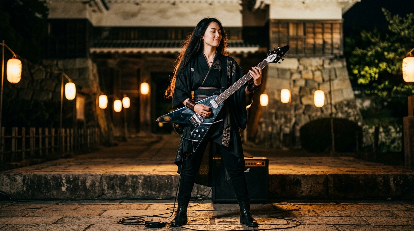 Female guitarist performing outdoors in a cinematic music-inspired visual representing experimental AI video storytelling.