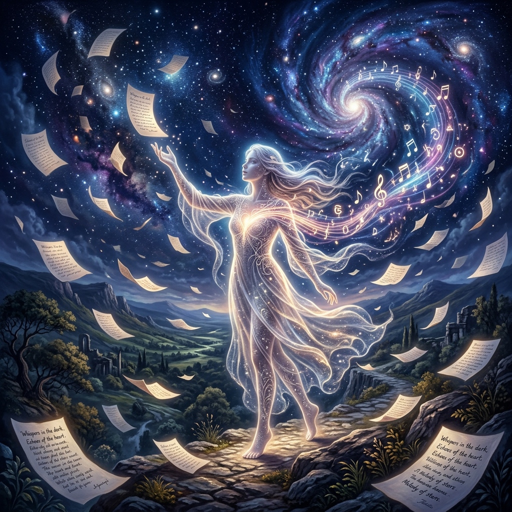 Glowing fantasy figure surrounded by swirling stars, musical notes, and magical light in a digital storytelling illustration.