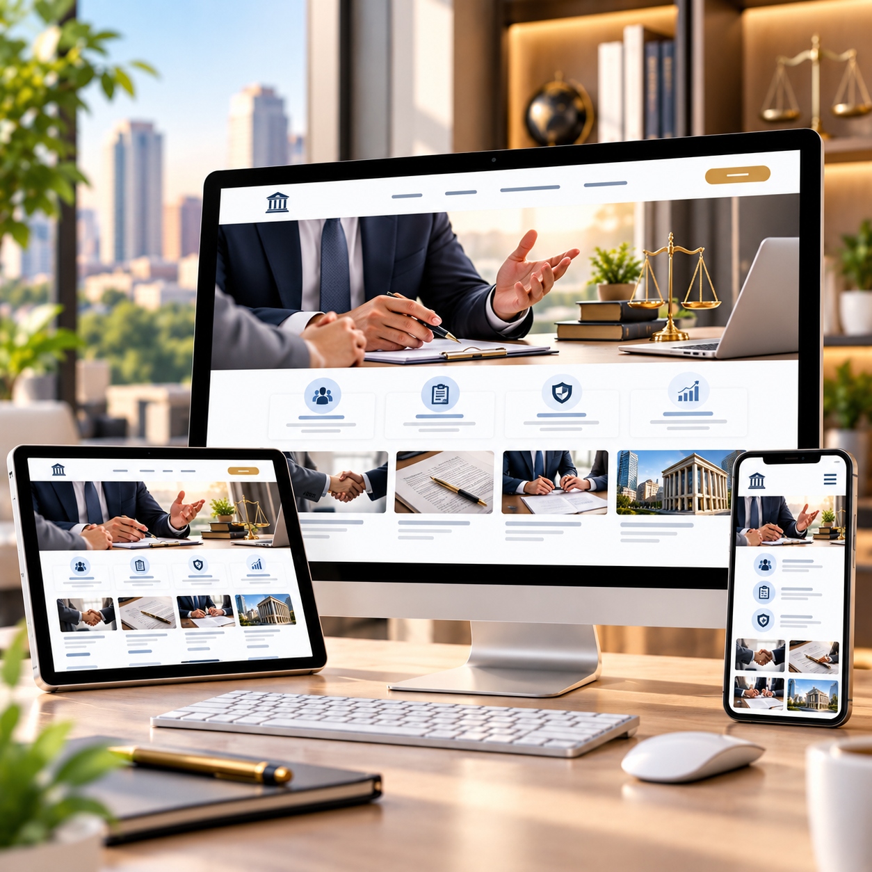 Custom responsive professional services website design displayed on desktop, tablet and mobile devices.