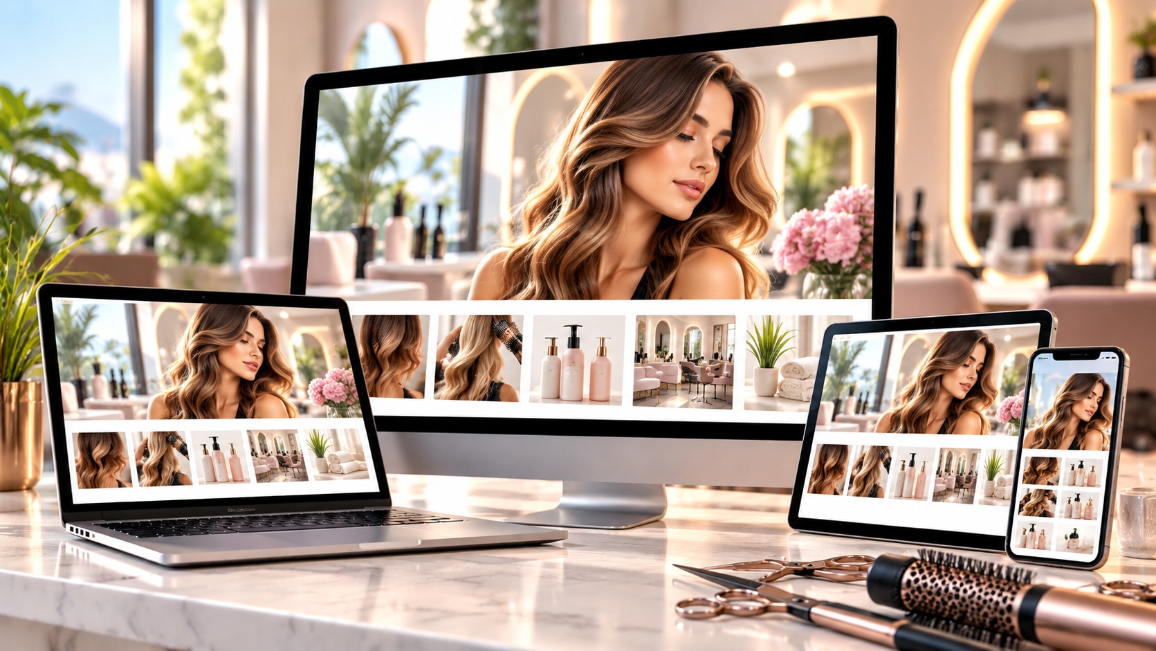 Star Salon ready-made WordPress website design featuring responsive desktop, laptop, tablet and mobile layouts