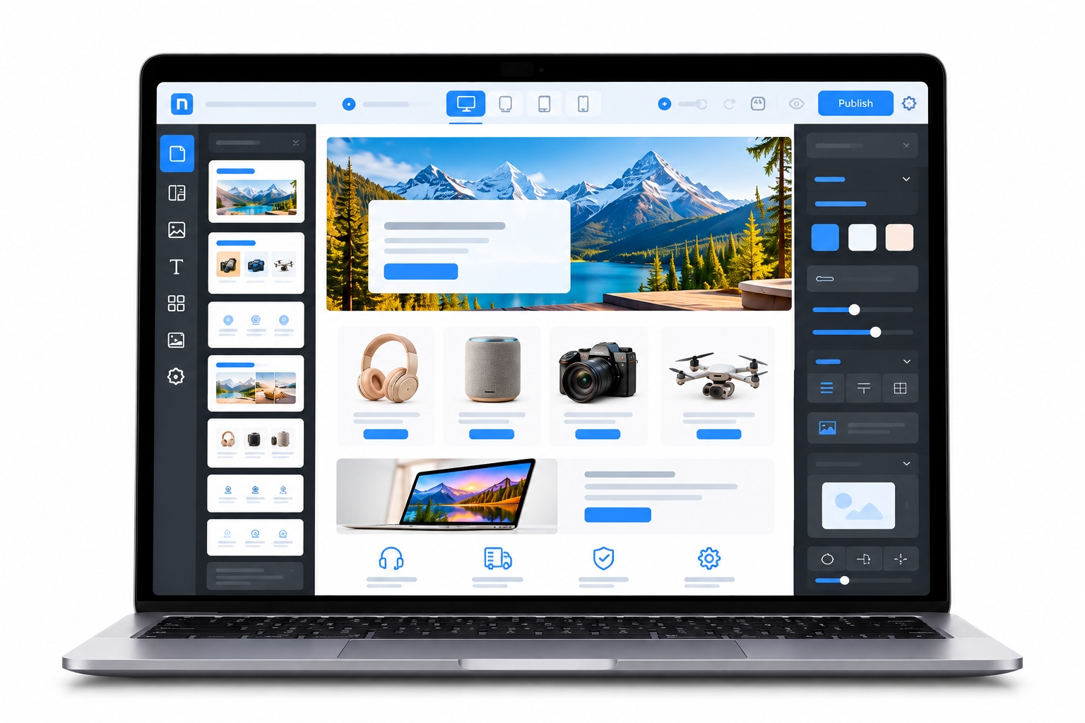 TMP Client Editor showing an easy drag-and-drop website customization interface for editing images, content, colors and layouts.